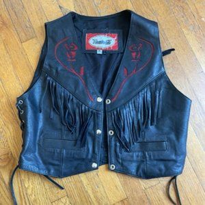 Vintage Western Biker Leather Fringe Vest with Roses Route 66 M/L
